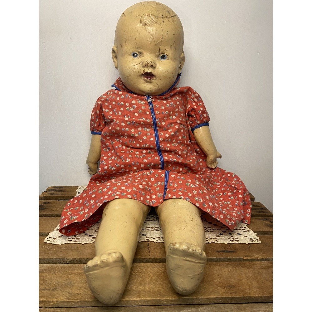 Antique Composition Doll Crazed Face Scary Creepy Oddity Distressed Blue Eyes